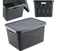 KADAX Storage Basket, Basket with Lid, Storage Box, Plastic Storage Box, Modern Shelf Basket, Container with Ventilation Holes (18 L, Grey)