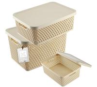 KADAX Storage Basket, Basket with Lid, Storage Box, Plastic Storage Box, Modern Shelf Basket, Container with Ventilation Holes (Set of 3: 4.5L, 12L, 18L, Beige)