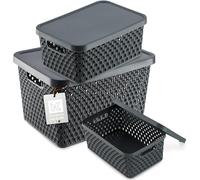 KADAX Storage Basket, Basket with Lid, Storage Box, Plastic Storage Box, Modern Shelf Basket, Container with Ventilation Holes (Set of 3: 4.5L, 12L, 18L, Grey)