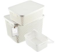 KADAX Storage Basket, Basket with Lid, Storage Box, Plastic Storage Box, Modern Shelf Basket, Container with Ventilation Holes (Set of 3: 4.5L, 12L, 18L, White)