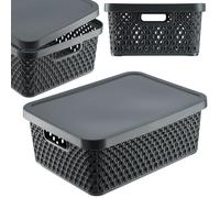KADAX Storage Basket, Basket with Lid, Storage Box, Plastic Storage Box, Modern Shelf Basket, Container with Ventilation Holes (12 L, Grey)