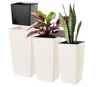 Kadax Tall Planter Set, Lightweight Plastic Flowerpot For Garden (25Cm+30Cm+35Cm, Rattan, Cream, Set Of 3)
