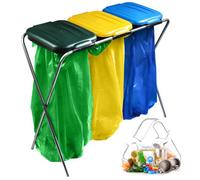 KADAX Triple Bin Bag Holder, Rubbish Bag Stand in 5 Colour Versions, Stand for Waste Separation with Plastic Lid, Bin Bag Holder for 120 L Bags (Green/Yellow/Blue)