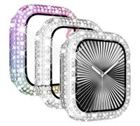 KADES 3-Pack watch case Compatible with Apple Watch Screen Protector 42mm Series 10,Women Crystal Diamond Tempered Glass Protective Case for iWatch 42mm Series 10, Silver/Iridescent/Clear