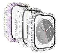 KADES 3-Pack watch case Compatible with Apple Watch Screen Protector 45mm,Women Crystal Diamond Tempered Glass Protective Case for iWatch Series 9 8 7, Silver/Iridescent/Clear