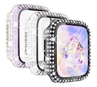 KADES 3Pack watch case Compatible with Apple Watch Screen Protector 40mm,Women Crystal Diamond Tempered Glass Protective Case for iWatch SE 3 2 1/Series 6 5 4, Black/Iridescent/Clear