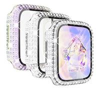 KADES 3Pack watch case Compatible with Apple Watch Screen Protector 44mm,Women Crystal Diamond Tempered Glass Protective Case for iWatch SE 3 2 1/Series 6 5 4, Silver/Iridescent/Clear