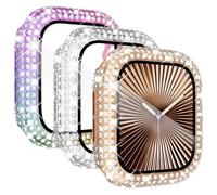 KADES 3Pack watch case Compatible with Apple Watch Screen Protector 44mm,Women Crystal Diamond Tempered Glass Protective Case for iWatch SE 3 2 1/Series 6 5 4, Rose Gold/Iridescent/Clear