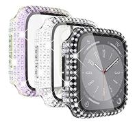 KADES 3Pack watch case Compatible with Apple Watch Screen Protector 45mm,Women Crystal Diamond Tempered Glass Protective Case for iWatch Series 9 8 7, Black/Iridescent/Clear