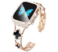 KADES Band with Case Compatible with Apple Watch Series 9 8 7 45 mm/41 mm Series 6 5 4 SE SE2022 44 mm/40 mm Series 3 2 1 42 mm/38 mm, Sparkling Bling Diamond Bands with Full Diamonds Case, Rose gold