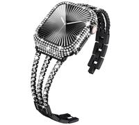 KADES Band with Case Compatible with Apple Watch Series 9 8 7 45 mm/41 mm Series 6 5 4 SE SE2022 44 mm/40 mm Series 3 2 1 42 mm/38 mm, Sparkling Bling Diamond Bands with Full Diamonds Case, black