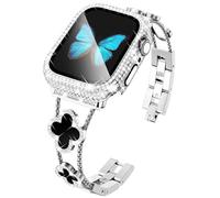KADES Band with Case Compatible with Apple Watch Series 9 8 7 45 mm/41 mm Series 6 5 4 SE SE2022 44 mm/40 mm Series 3 2 1 42 mm/38 mm, Sparkling Bling Diamond Bands with Full Diamonds Case, Silver