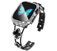 KADES Band with Case Compatible with Apple Watch Series 9 8 7 45 mm/41 mm Series 6 5 4 SE SE2022 44 mm/40 mm Series 3 2 1 42 mm/38 mm, Sparkling Bling Diamond Bands with Full Diamonds Case, black