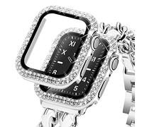 KADES Bling Case for Apple Watch with Built-in Screen Protector, Tempered Glass Sparkling Rhinestone Protective Cover for iWatch Series 3 2 1 38mm, White with Silver Edge