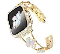 KADES Compatible with Apple Watch Straps 45mm for Women,Bling Diamond Rhinestone Stainless Steel Bracelet with Bling Screen Protective Case for iWatch Series 9 8 7, Gold/Iridescent