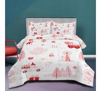 KADFGUGA Christmas White and Red Patterns,Truck Illustrations,Snowmen,Gift Boxes,Trees,Single Size Duvet Set-3 Pieces, Soft and Comfortable, Machine Washable Duvet Coverless, with 2 Pillowcases