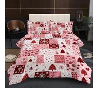 KADFGUGA Pink and Red Color Patchwork,Snowflakes,Christmas Trees,Single Size Duvet Set-3 Pieces, Soft and Comfortable, Machine Washable Duvet Coverless, with 2 Pillowcases