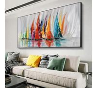 KADING Abstract Canvas Picture Colorful Sailing Boat Painting Large Size Canvas Oil Paintings Modern Wall Art for Living Room Decor 144x70cm(57x28in) with black framed