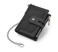 KADSXIYA Men's PU Leather Chain Trifold Wallet with Blocking Double Zippers Coin Pouch, Black