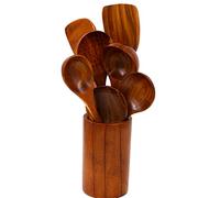 Kadum 8-Piece Wooden Kitchen Utensils Set | Teak Wood Cookware Spoon Spatula Strainer Set | Durable Wooden Utensils Storage Box