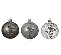 KAE Set of 3 Round Glass Christmas Tree Bauble/Decoration - Garden Bird Winter Scene - Matt White, Silver, Clear - 8 cm (Looking Left)