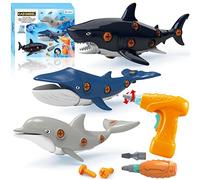 KAEGREEL Sea Creatures Toys for Children, 3 Packs Construction Toy Shark Dolphin Whale Playset with Electric Drill Screwdrivers, Educational Building Ocean Toys Gifts for 3-8 Year Old Kids Birthday