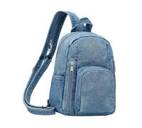 Kaeltsyn Backpack with Two Shoulder Straps and Chest-Bag Carry, Blue | Washed Jean Exterior, Three Zippered Front Pockets, Top Carry Handle for Daily Commuting and Casual Outings
