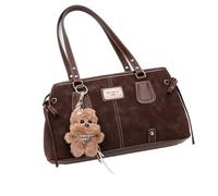 Kaeltsyn Fashionable Retro Shoulder Bag Roomy Interior Work Commute PU Leather Handbag with Bear Pendant Women Accessory Bear Pendant Shoulder Bag