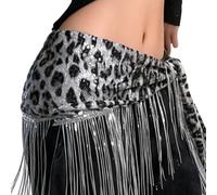 Kaeltsyn Glittering Sequins Belly Dance Hip Scarf Waist Chain with 45cm Long Tassels Leopards Print Hip Wrap Skirt for Night Show Swing Dance Waist Muffler