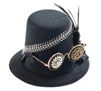 Kaeltsyn Lady Top Hat with Rose Chain Gear Feather, Black | Elegant Flat Hats Billycock Cosplay Halloween Dress Up for Unisex Photography
