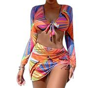 Kaeltsyn Three-pieces Female Printed Soft Bag Knotted Women Bathing Suit Beachwear Perspective Popular Split Swimwear Bathing Suits with Cover Up Set for Three Piece Knitted Swimwear