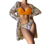 Kaeltsyn Women Three-piece Printed Soft Bag Adjustable Spaghetti Straps Bathing Suit Beachwear High Swimwear