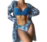 Kaeltsyn Women Three-piece Printed Soft Bag Adjustable Spaghetti Straps Bathing Suit Beachwear High Swimwear