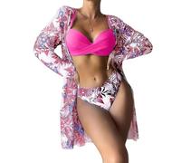 Kaeltsyn Women Three-piece Printed Soft Bag Adjustable Spaghetti Straps Bathing Suit Beachwear High Swimwear