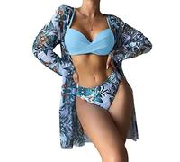 Kaeltsyn Women Three-piece Printed Soft Bag Adjustable Spaghetti Straps Bathing Suit Beachwear High Swimwear