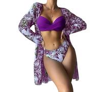 Kaeltsyn Women Three-piece Printed Soft Bag Adjustable Spaghetti Straps Bathing Suit Beachwear High Swimwear