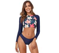 Kaeltsyn Womens High Cut Bikinis Set 2 Pieces Split Swimsuits Long Sleeves Bathing Suits Floral Printed Swimwear for Women Long Sleeves Swimsuits Two Pieces Swimwear Lady Floral Printed Bathing Suit