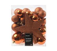 Kaemingk Plastic Christmas Baubles with Star Topper, Set of 33, Shatterproof, Copper, Terracotta, Bronze