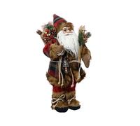 Kaemingk Traditional standing santa - father christmas figure - 30cm christmas figurine - red tartan fur trim coat holding lantern and skis - indoor standing santa decoration.
