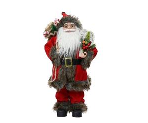 Kaemingk Traditional standing santa - father christmas figure - 45cm christmas figurine - plain red fur trim coat holding sack and canadian snowshoes - indoor standing santa decoration.