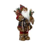 Kaemingk Traditional standing santa - father christmas figure - 45cm christmas figurine - red tartan fur trim coat holding lantern and skis - indoor standing santa decoration.