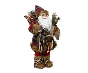Kaemingk Traditional standing santa - father christmas figure - 60cm christmas figurine - red tartan fur trim coat holding lantern and skis - indoor standing santa decoration.