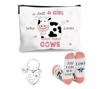 Kaempe 3pcs Cow Gifts Set for Women: Cow Socks, Keyring & Makeup Bag - Animal Lover Gift Set