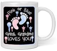 Kaenue Great Grandma Loves You White Ceramic Coffee Mug 11 OZ, Pink Or Blue Accent, Double Sided Print, Gender Reveal Novelty Cup