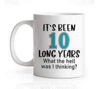 Kaenue It's Been 10 Long Years What The Hell was I Thinking 11 Oz White Mug, Double Sided Print, Funny Work Anniversary Quote, Office Novelty Cup for Colleagues Coworker Office Staff