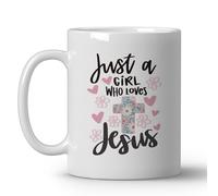 Kaenue Just A Girl Who Loves Jesus Preppy Christian Cross White Ceramic Coffee Mug 11oz, Floral Design, Christian Gift for Women