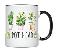 Kaenue Pot Head Plant Lady Black Handle 11oz Ceramic Coffee Mug, Gardener Plant Lover Pun Handled Mug
