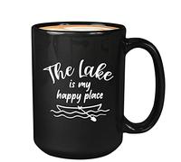Kaenue Summer Coffee Mug 11Oz Black, The Lake is My Happy Place, Weekend Holiday Vacation Outdoors Camping Boating Themed Mug, Double Sided Print, Outdoor Novelty Cup