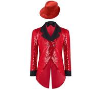 Kaerm Boys Disco Jazz Dance Outfit Long Sleeve Sequin Tailcoat Jacket & Hat & Bow Tie Glitter Costumes Red 5-6 Years