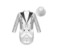 Kaerm Boys Sequin Tailcoat Classic Fit Tuxedo Suit Jacket and Hat Magic Show Disco Swallow-Tailed Coat Silver 7-8 Years